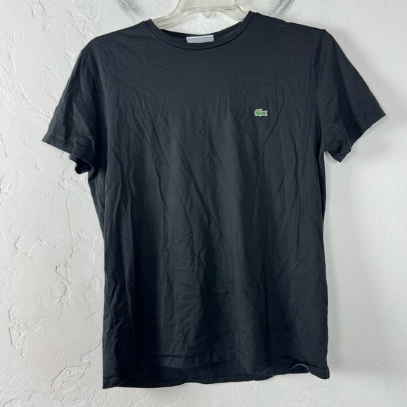Lacoste Shirt Knit Top Tee Regular Fit Solid Black Short Sleeve Crew Neck Ribbed - Picture 1 of 5